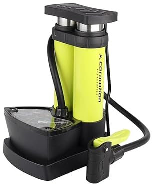 Carmotion Fußpumpe mit Doppelzylinder und Manometer – Luftpumpe Fahrrad alle Ventile bis 10 BAR / 140 PSI – Fahrradpumpe Standpumpe mit 40 cm Schlauch & 2 Adaptern – Fußluftpumpe kompakt
