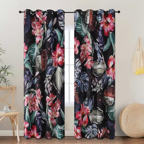 VEHEDE Blumen Vorhänge, Vintage schwarz Blackout Bunte gedruckte Vorhang für Schlafzimmer, Öse wärmeisoliert Gardinen rote Blumen grün Blatt H 229 x B 132 cm
