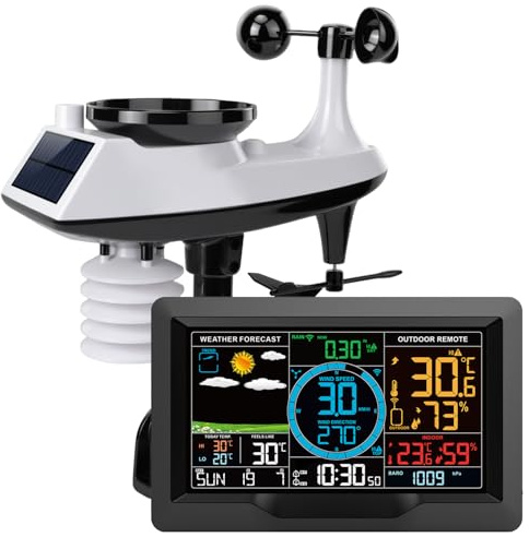 Wireless Weather Station with Outdoor Sensor, 10-in-1 Wind Speed and Rain Gauge, Temperature Humidity Monitor, Barometer Weather Forecast, Calendar and Alarm Clock, LCD Display for Home, Solar Power