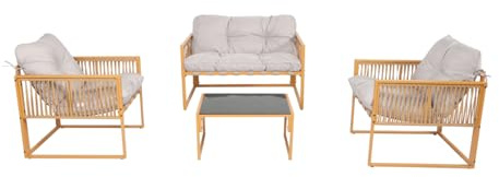 CONCEPT USINE | Salon de Jardin TURINI 4 Places Effet Rotin Naturel | 2 Fauteuils + Canapé 2 Places + Table Verre Trempé | Coussins Gris Clair Déperlants 12 cm | Design Compact & Confortable
