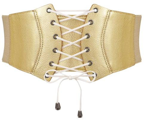 WERFORU Dam brett bälte vintage elastiskt midjebälte falskt läder korsett bälte snörning cinch midjebälte, E-guld, Passend für Taillengröße 106-115cm