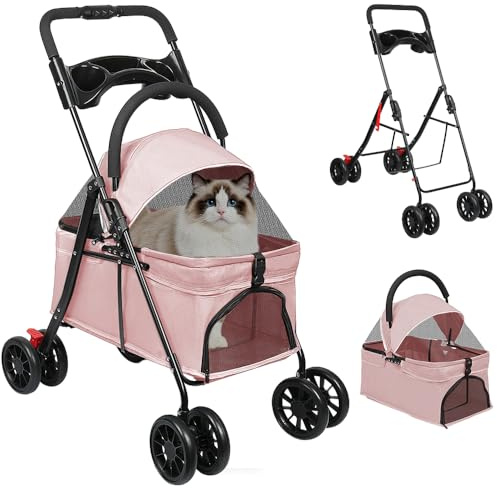 OHMG Poussette Chien 3-en-1, Poussette pour Chat Pliable, Panier de Rangement, Fenêtre en Filet, pour Petits Chiens et Chats, Jusqu'à 25 kg, 4 PCS Roues Résistant à l'Usure à 360°