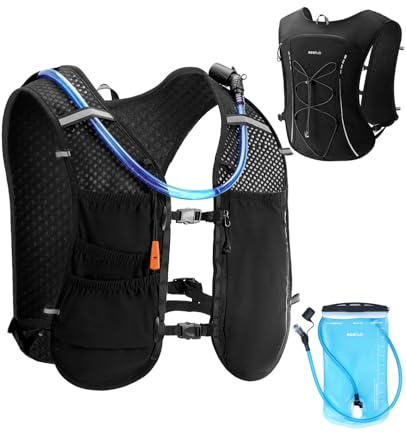 ECOHUB Running Vest with 2L Water Bladder, Lightweight Adjustable 6-Pocket Hydration Backpack for Jogging, Trail, Marathon, Cycling, Hiking, Men and Women, Black