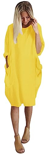 Plusstorlek vardaglig klänning för kvinnor med fickor, rund hals, solida t-shirts, klänning, damer midi-längd, jumperkläder, lös passform, pull-on sweatshirt, kläder, trendiga säckiga kläder