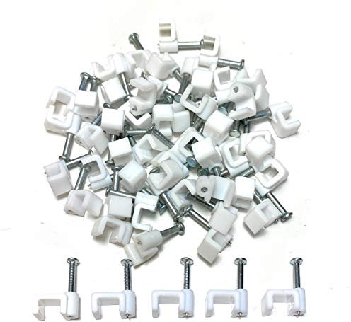 TR Kabelhalter, Weiß, aus Kunststoff, flach, Klammern für elektrische Kabel von TV, Telefon, Internet, Kabel-Befestigungen, 50 Stück