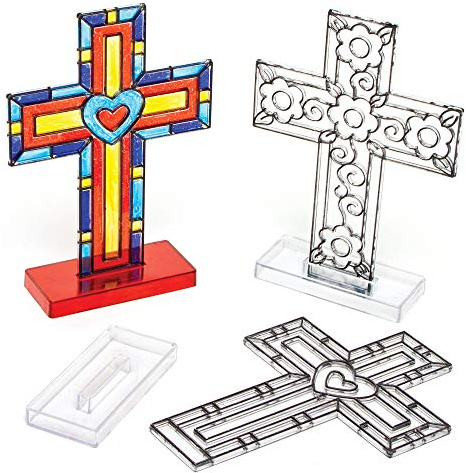 Baker Ross AG321 Cross Stand-up Suncatchers for Children to Colour-in Decorate and Personalise Easter Christian Crafts (Pack of 4), 10cm