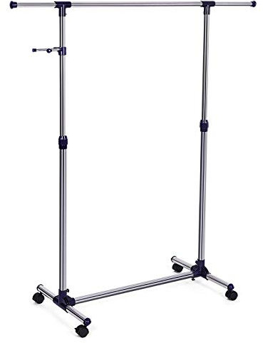 SONGMICS Kleiderständer, Garderobenständer auf Rollen, Rohre mit Edelstahlbeschichtung, mit ausziehbarer Kleiderstange, seitliche Haken für Accessoires, höhenverstellbar 97-165 cm, blau LLR01L, 150 x 44 x 165 cm