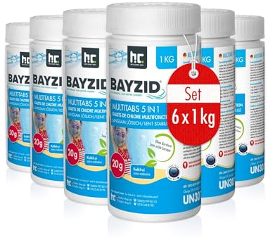 Höfer Chemie 6 x 1 kg Pastilles de Chlore (20 g) Multifonction 5 en 1 pour Piscine, Désinfection, Anti-Algues, Floculant, pH Stable – Entretien Longue Durée Piscine