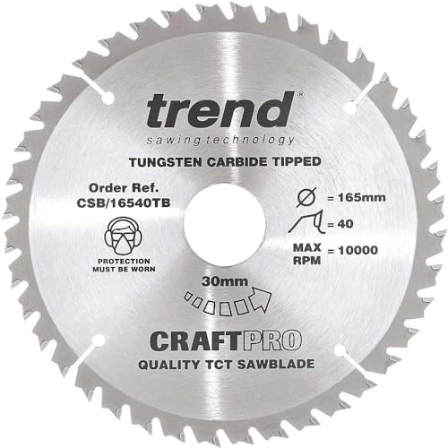 Trend CSB/16540TB Craft Pro Thin Kerf TCT Circular Saw Blade, 165mm x 40 Teeth x 30 Bore, Tungsten Carbide Tipped Trend CSB/16540TB Craft Pro, Thin Kerf TCT Circular Saw Blade, Tungsten Carbide Tipped, 165mm x 40 Teeth x 30 Bore