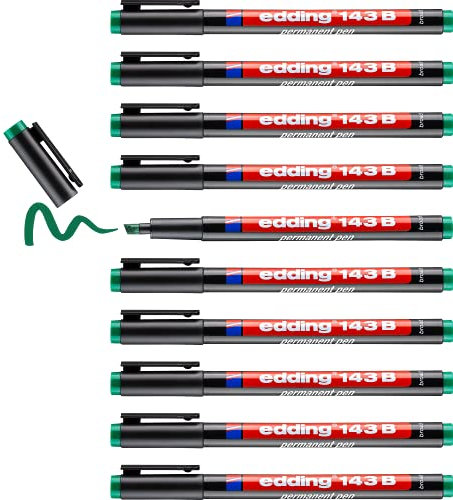 edding 143 B Permanenter Folienschreiber - grün - 10 Stifte - Keilspitze 1-3 mm - Stift zum Schreiben auf Glas, Kunststoff, Folien und glatten Oberflächen - schnelltrocknend, wisch- und wasserfest