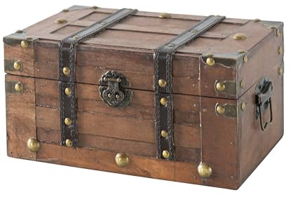 SLPR Alexander Small Wooden Treasure Chest - 11 x 7 x 5.5, Wood Storage Box with Hinged Lid, Decorative Trunk for Keepsakes, Vintage Pirate Chest for Classroom