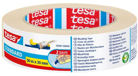tesa Cinta de Pintar STANDARD, Cinta de Pintor, Removible Sin Residuos hasta 2 Días Después, Sin Disolventes, Ancha, 50 m x 30 mm