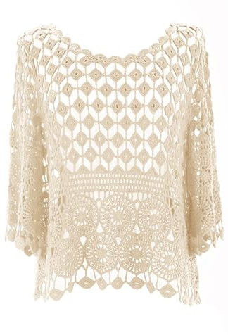 Ladies Women Lagenlook Plain Short Sleeve Crochet Top Blouse Vest One Size (UK, Alpha, One Size, Regular, Regular, Beige)