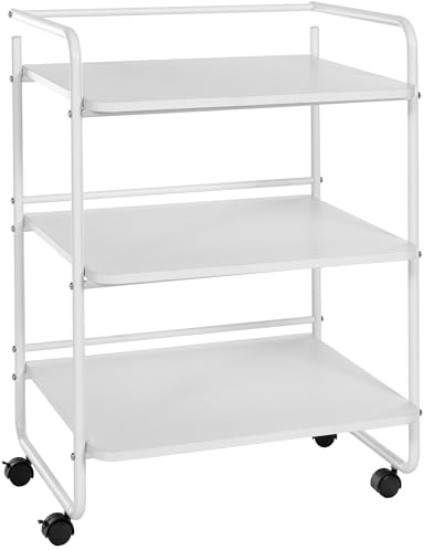 CLP Carrello PL902 I Carrello per attrezzature su rotelle I Carrello per cosmetici con tre ripiani in legno I Con struttura in metallo, Colore:bianco