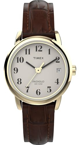 Timex Women's Easy Reader 25mm Watch – Gold-Tone Case Natural Dial with Brown Croco Leather Strap