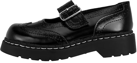 T.U.K. Black Vegan Brogue Mary Jane Flats with Buckle Strap, US Women 8