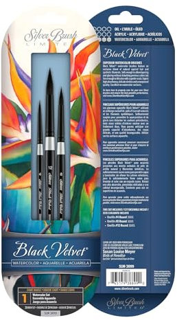 Silver Brush Limited SLM 3099 Susan Louise Moyer Aquarell Rundpinsel Set, 3 Pinselset Black Velvet Rund Pinsel, Größen 4, 8 und 12