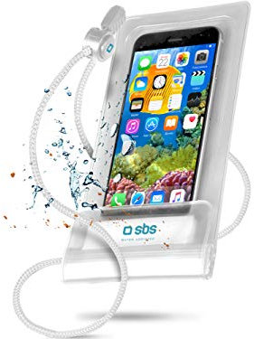 SBS Custodia impermeabile per smartphone iPhone, Samsung, Oppo, Xiaomi, Huawei fino a 6,5”, finestra touch trasparente, laccio da collo, IPX6, bianco