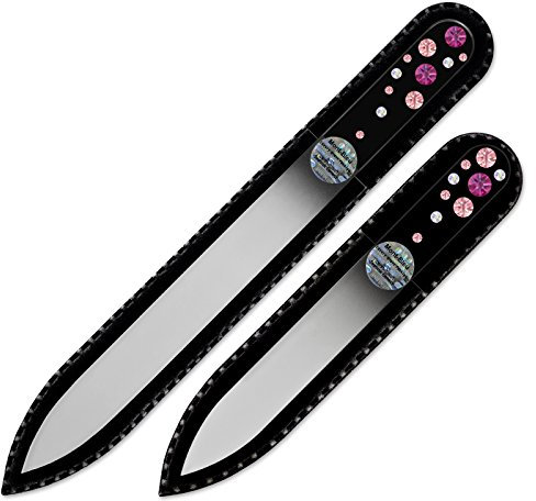 Mont Bleu Set bestehend aus 2 Glasnagelfeilen von Hand dekoriert mit Swarovski Elements - geliefert in einer Hülle aus schwarzem Samt - Echtem gehärteten Glas