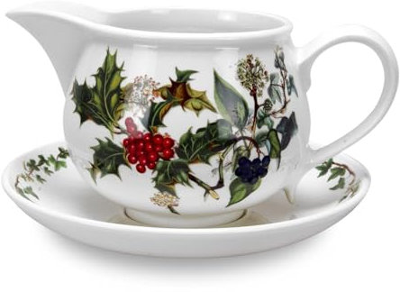 Portmeirion Home & Gifts The Holly & Ivy Gravy Boat and Stand, Ceramic, Multi-Colour