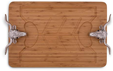 Arthur Court Designs Aluminum Longhorn Handle Bamboo Wood Carving/Cheese Board Large Tray for Serving Meats or Appetizer 20 inch x 13 inch