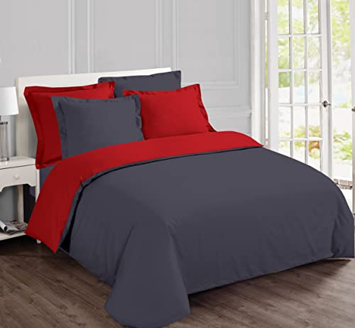 Vision Juego de Cama Reversible 100% Algodón – Roja Antracita – Cama Doble (240x220 cm) – Incluye Funda Nórdica y 2 Fundas de Almohada (65x65 cm) – 57 Hilos, Suave y Confortable, Certificado Oeko-Tex