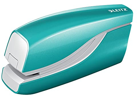 Leitz 55661051 Elektrisches Heftgerät (10 Blatt, Metall mit Kunststoffelementen, Inkl. Heftklammern, Wow) eisblau