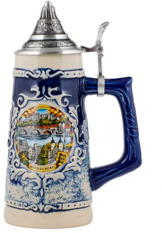 M. Cornell Germany Heidelberg Stoneware Raised Relief Decorative Half Liter Beer Stein with Pewter Lid