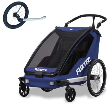 Fuxtec 2in1 Fahrradanhänger Buggy mit Joggerrad FX-FA1-SET-BLAU mit Anhänger für 2 Kinder aus Aluminium - Faltbarer Kinderanhänger mit Regen- und Sonneschutz