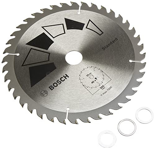 Bosch 1x Hoja de Sierra Circular Standard (para Madera, Ø 205 x 2.2/1.5 x 24/20/18/16 mm, 40 Dientes, ATB, con 3x Anillo de Reducción 20/18/16 mm, Accesorios Sierras Circulares)