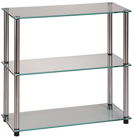 Convenience Concepts Designs2Go Classic Glass 3-Tier Bookshelf 28 - Modern Media Stainless Steel Bookcase for Living Room, Display Storage Shelves for Family Room, Bathroom, Office, Glass/Chrome