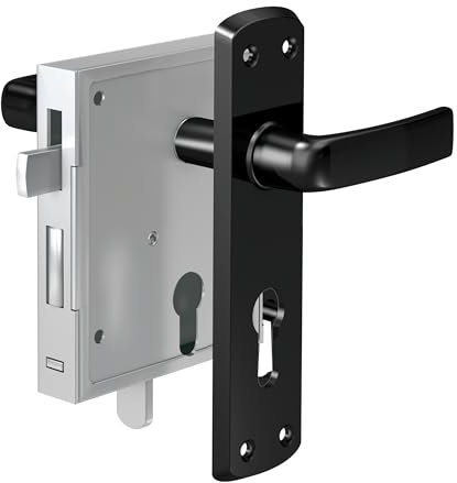 BASI | Aufschraubschloss Stumpfdrückerschloss | Profilzylinder Lochung | 60 mm| Kastenschloss mit hebender Falle | Beschlag und Schließblech | für Gartentüren Gartentore | DIN R/L | 2 Schlüssel
