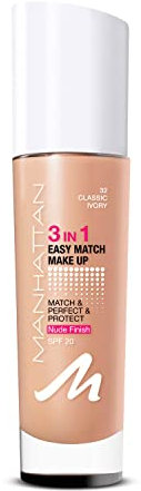 Manhattan 3in1 Easy Match Make-up, fondotinta liquido per pelli abbronzate con SPF 20, colore - 32 avorio classico, 1 x 30 ml