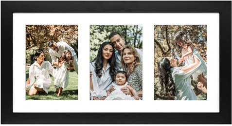 Golden State Art, 9x18 Black Wood Frame - White Mat for Three 5x7 Pictures - Sawtooth Hangers- Swivel Tabs - Wall Mounting - Landscape/Portrait - Real Glass - Collage Frame