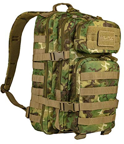 Mil-Tec US Assault Pack Tagesrucksack (36L) • Taktischer Militär Rucksack mit MOLLE-System • Bundeswehr Rucksack, Wanderrucksack, Reiserucksack für Outdoor, Camping & Einsatz • Woodland Arid, L