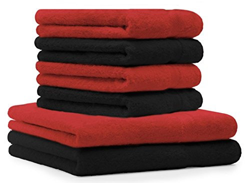 Betz 6-TLG. Handtuch-Set Premium 100% Baumwolle 2 Duschtücher 4 Handtücher Farbe rot und schwarz
