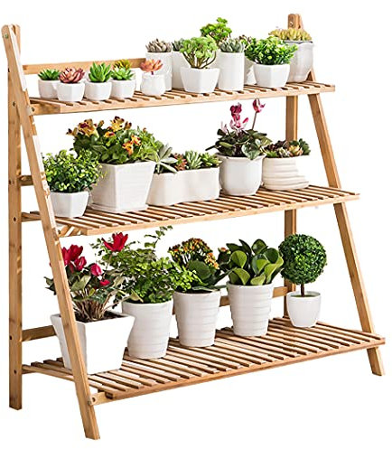 medla Blumentreppe Holz, Blumenständer für innen draußen, 3-stufig, Blumentreppe Klappbar, Blumenleiter Bambus 100 x 38 x 97cm , Braun