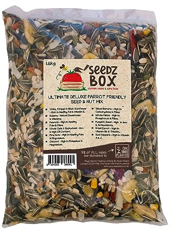 Parrot Food 1.8kg - Seed and Nut Mix Feed SeedzBox - Natural Healthy Pet Treats and Snacks - Banana Pumpkin Seeds Peanuts Whole Oats - Fats and Fibre