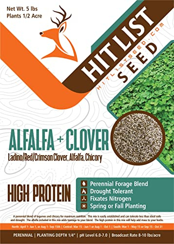 HIT LIST SEED® Alfalfa + Clover Food Plot Seeds for Deer [Perennial] - Food Plot Seed Perennial - Deer Plot Seed Mix - Ladino/Red/Crimson Clover, Alfalfa, Chicory - Spring & Fall Planting - 5 lbs