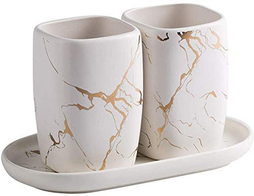 FülleMore Keramik Zahnputzbecher Set luxuriös Marmor Optik 3-teiliges Badezimmer Zubehörset 2er Zahnputzbecher mit Tablett Badzubehör Set (Weiß)