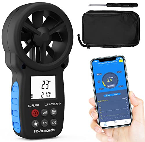 Digital Bluetooth Anemometer, Handheld Windmesser APP-Verbindung, Windmessgerät Messbereich 0.3-30m/s, Wind Speed Gauge mit Windtemperaturmessungen für Windsurfen Schießen Segeln Surfen Drohne (Blau)