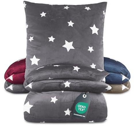 BaSaTex Winter Plüsch Bettwäsche Set Sterne Nicky-Teddy Cashmere-Touch | 135x200 155x220 + 80x80 Kissenbezug | Größe: 135x200 | Farbe: Anthrazit Grau