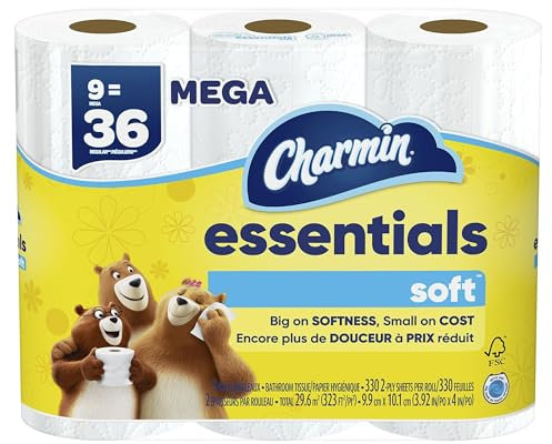 Charmin Essentials Soft Mega 2-Ply Toilet Paper Rolls, 4 x 4-1/2, 330 Sheets Per Roll, White, Pack Of 9 Rolls