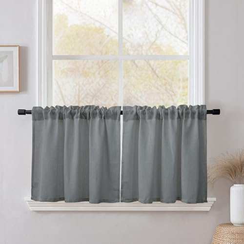 CUCRAF Skir grå gardin, halvtransparent bistrogardin, linne, köksgardiner, integritet, fönstergardin för kök, hus på landet, vardagsrum, set om 2, 120 x 45 cm (B x H), grå