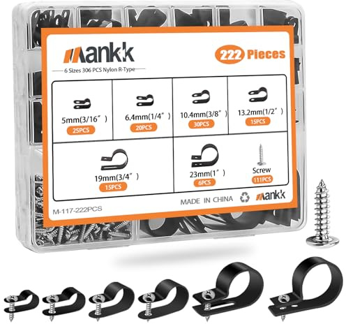 mankk 222PCS Cable Clips Wire Clips Assortment Kit Nylon Plastic R-Type Cable Clamps 6 Sizes (3/16'' 1/4'' 3/8'' 1/2'' 3/4'' 1'') Wire Mounting Clips with Screws for Cable Management