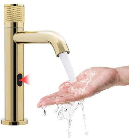 Automatische Infrarot Sensor Wasserhahn, 304 Edelstahl Infrarot Sensor Wasserhahn, Bad Küchenarmatur, Automatisch Waschtischmischer Mischbatterie für Waschbecken Badezimmer (Gold)