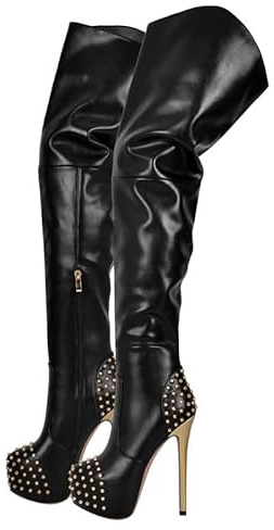 blingqueen Stivale da donna con plateau sopra il ginocchio, con borchie, Poliuretano nero., 41 EU