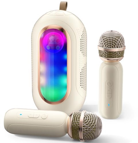 ICARERSPACE La máquina de karaoke está equipada con 2 micrófonos inalámbricos y el karaoke Bluetooth portátil está equipado con 5 Efectos de sonido e iluminación diferentes (Beige)