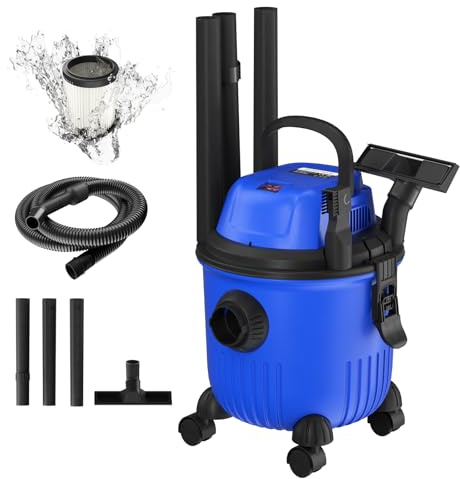 HSHa Industriestaubsauger Staubsauger Aschesauger, Nass-Trockensauger mit Blasfunktion, 15 Liter Fassungsvermögen, 1.5 m Flexiblem Schlauch, Blau