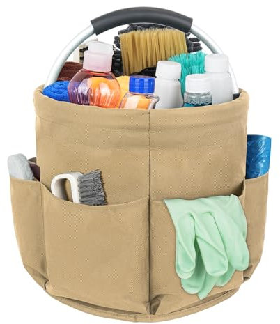 IVODEELA Carrello Pulizie con Manico,Grande Contenitore Organizer per La Pulizia Professionali,Multi Tasche,Borsa per La Pulizia,Facile da Pulire e Trasportare,Cachi